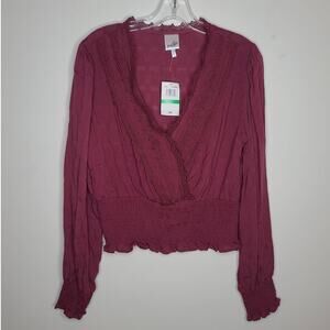 NWT Belle du Jour wine pink crossover long sleeve shirt - large